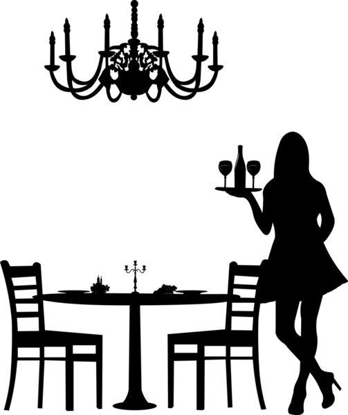 Romantic dinner for two with table and two chairs, candle decoration and candlesticks and old antique chandelier and waiter is serving the wine silhouette