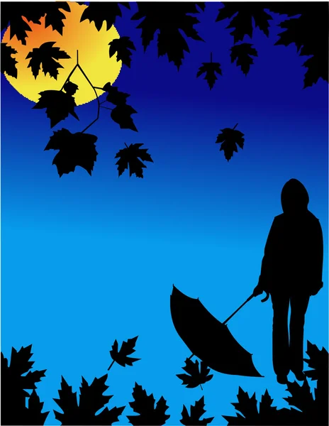 Herbst Hintergrund mit fallenden Blättern und Mädchen mit Regenschirm im Mondschein — Stockvektor