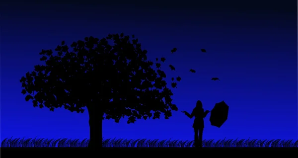 Automne arbre dans le vent et fille avec parapluie silhouette — Image vectorielle