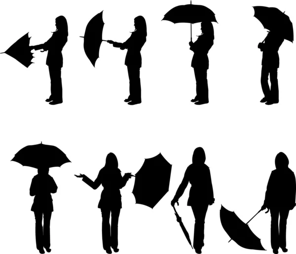 Mulher com guarda-chuva em diferentes poses silhueta — Vetor de Stock