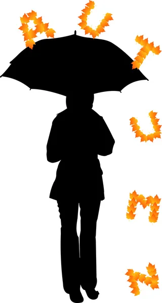 Fundo com menina com guarda-chuva e letras que caem silhueta — Vetor de Stock
