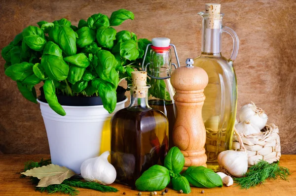 Hierbas, especias y aceite de oliva — Foto de Stock
