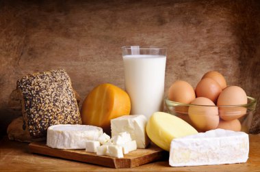Cheese, bread, milk and eggs clipart