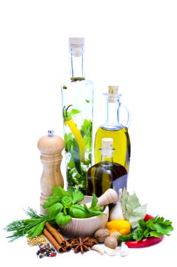 Olive oil, herbs and spices clipart