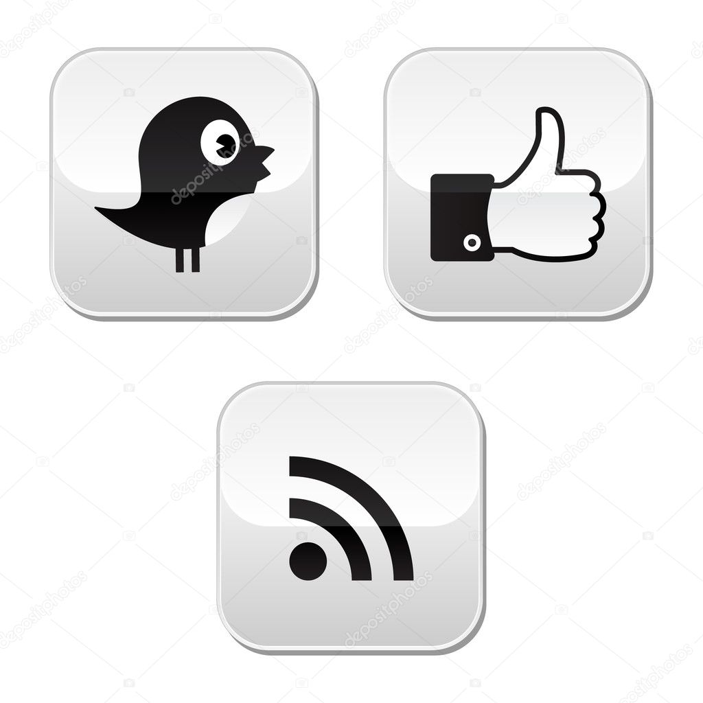 Social media icons set - blue bird, like, rss