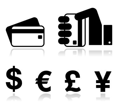 Payment methods icons set - credit card, by cash - currency. clipart