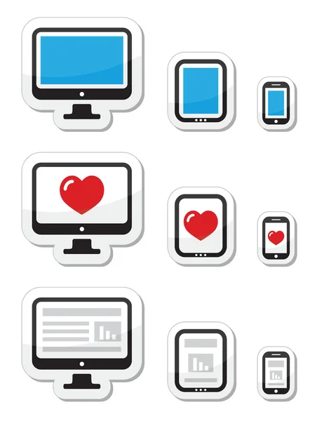 Pantalla de computadora, tableta e iconos de teléfonos inteligentes — Vector de stock
