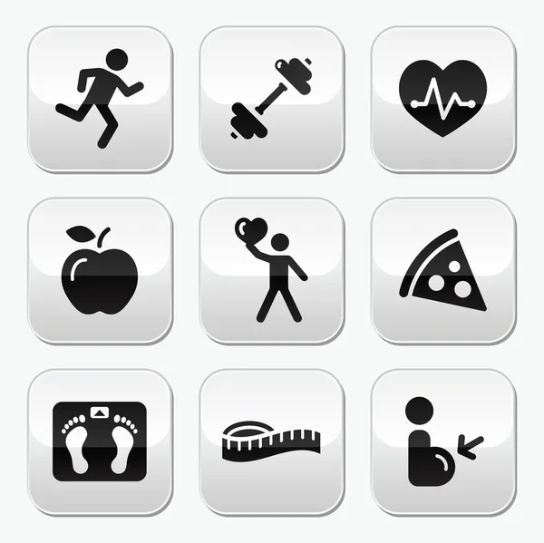 Mantenga los iconos en forma y saludables en los botones brillantes — Vector de stock