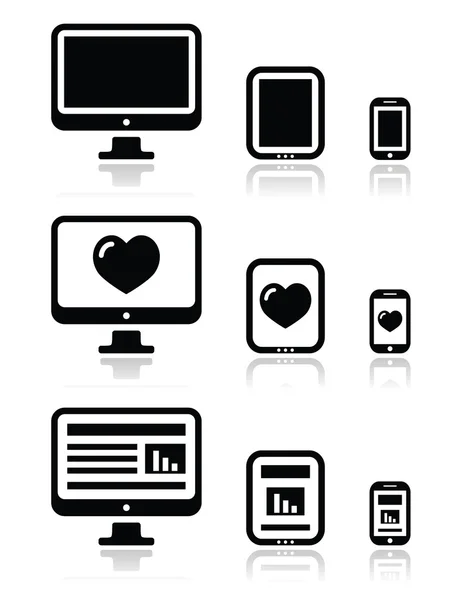 応答性の高いウェブサイトのデザイン - コンピューターの画面、携帯電話、タブレットのアイコンを設定 — ストックベクタ