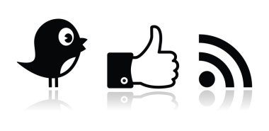 Twitter, Facebook, RSS black glossy icons set clipart