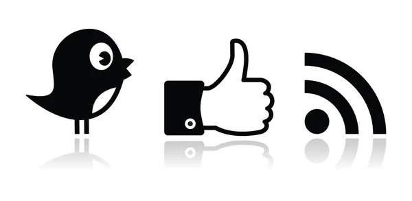 Twitter, Facebook, RSS negro brillante conjunto de iconos — Vector de stock