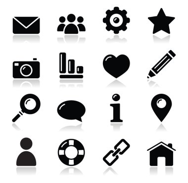 Website menu navigation black shiny icons - home, search, email, gallery, help, blog icons clipart