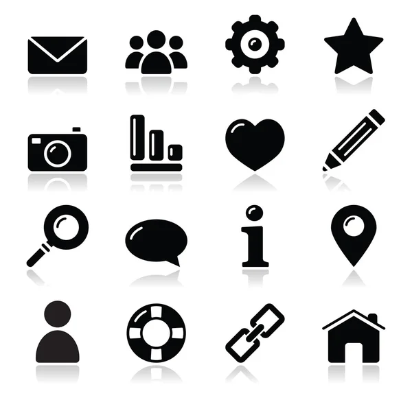 Página web menú navegación negro iconos brillantes - inicio, búsqueda, correo electrónico, galería, ayuda, blog iconos — Archivo Imágenes Vectoriales