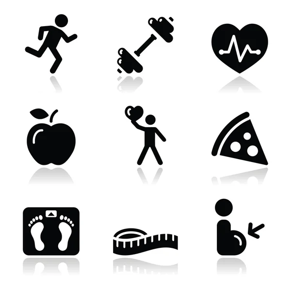 Ensemble d'icônes propres noires de santé et de fitness — Image vectorielle