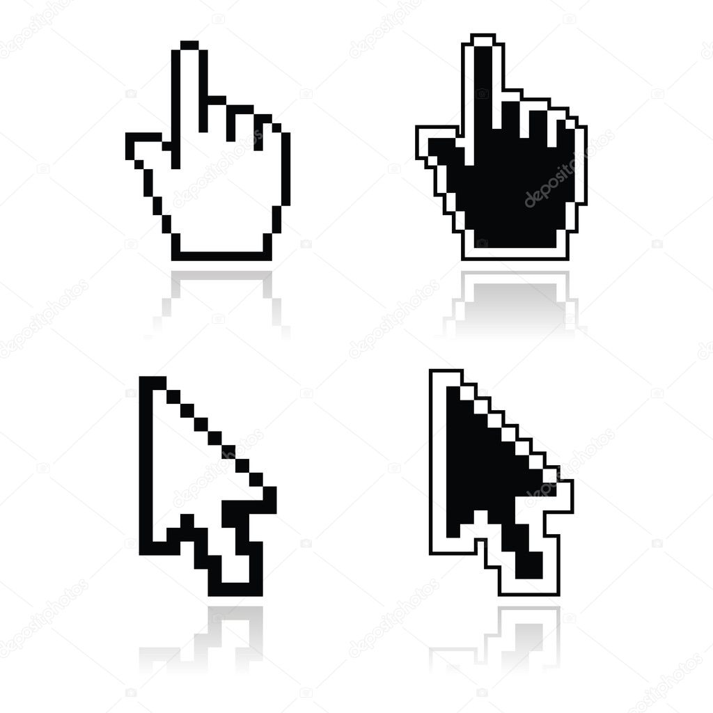 Pixel cursors black clean shiny icons - hand and arrow
