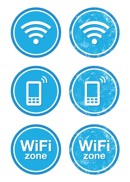 Wifi internet zone blu vintage etichette set — Vettoriale Stock