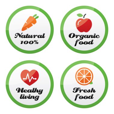 Organic food, fresh and natural products icons on green buttons clipart