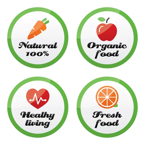 Organic food, fresh and natural products icons on green buttons — Stock Vector