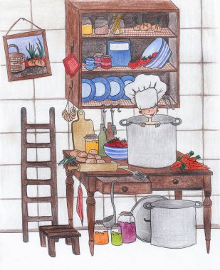 The child plays in kitchen clipart