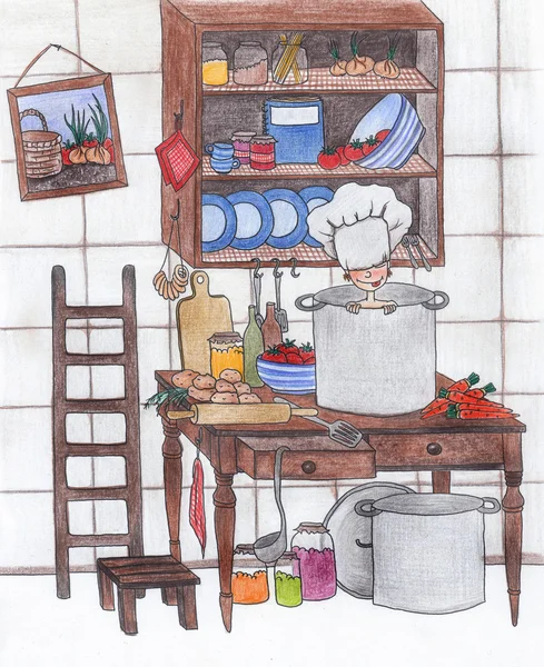 El niño juega en la cocina —  Fotos de Stock
