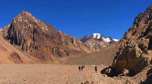 Hikers trekking in Andes in Aconcagua National Park, Argentina, South America — Stock Photo, Image