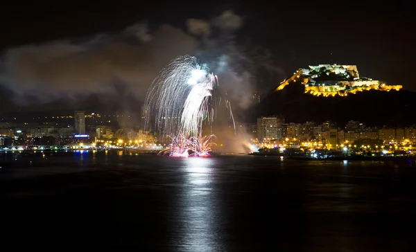 Alicante City by Night with Casacade and Sea Fireworks — Stock Photo, Image