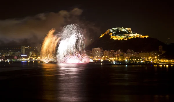 Alicante City by Night with Cascade Fireworks — Stock Photo, Image