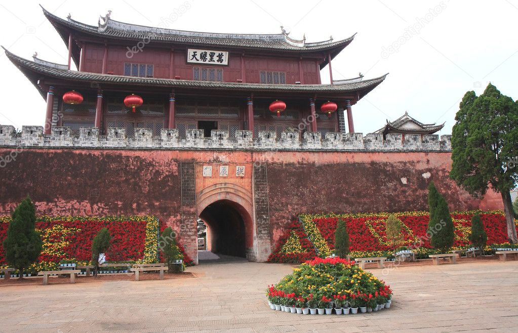 The towering Gongchen-North Gate in Weishan, Yunnan, China.