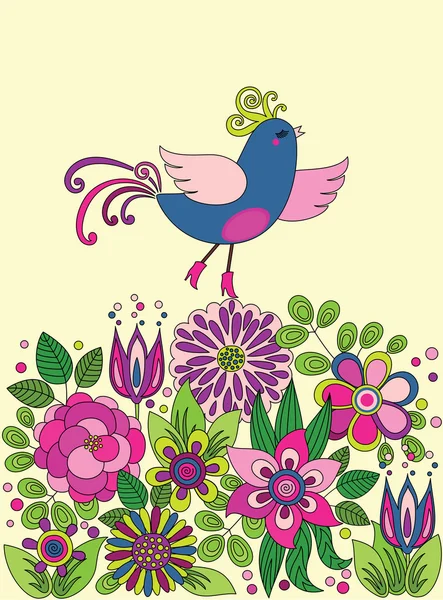 Διακοσμητικά πολύχρωμο πουλί αστεία σχετικά με τα λουλούδια — Διανυσματικό Αρχείο