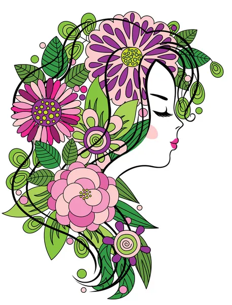 Jong meisje met bloemrijke haar — Stockvector