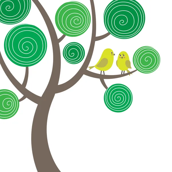 Composición decorativa con dos pájaros en el árbol — Vector de stock