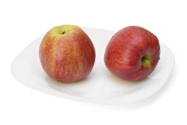 แอปเปิ้ลสีแดงสองลูกบนจาน . — ภาพถ่ายสต็อก