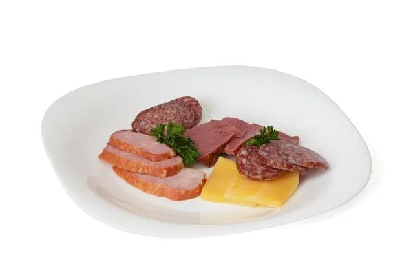 stock image Cold meat, sausage and cheese on the plate