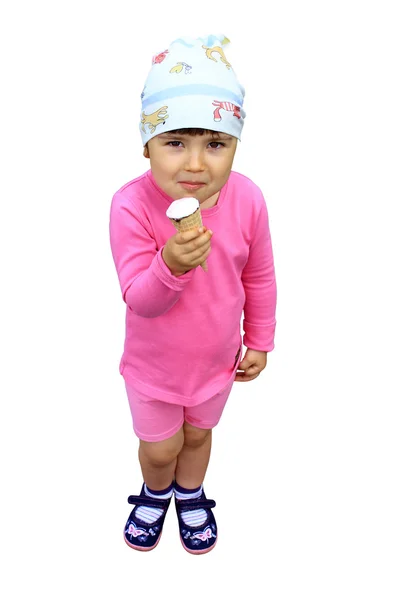 Kleines Mädchen isst Eis isoliert — Stockfoto