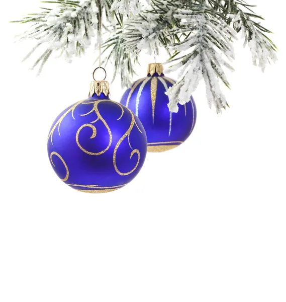 Christmas blue baubles and tree with snowflakes isolated — Stock Photo, Image