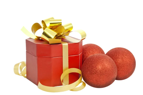 Christmas red gift and baubles isolated — Stock Photo, Image