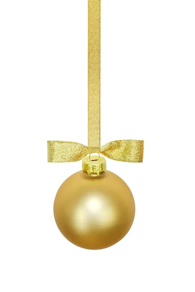 Nastro d'oro di Natale e bagattella con arco isolato — Foto Stock