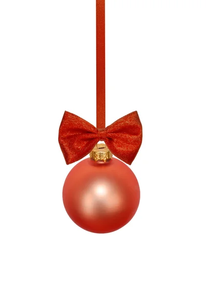 Christmas red bauble and ribbon isolated on white — Stock Photo, Image