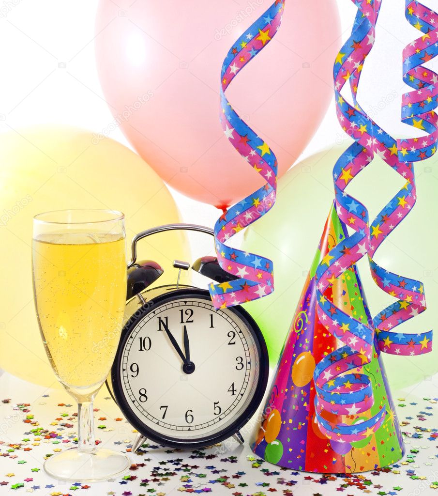 New year party with clock balloons champagne and clock