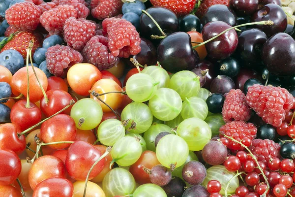 Sortimento de bagas frescas e fundo de fruta — Fotografia de Stock