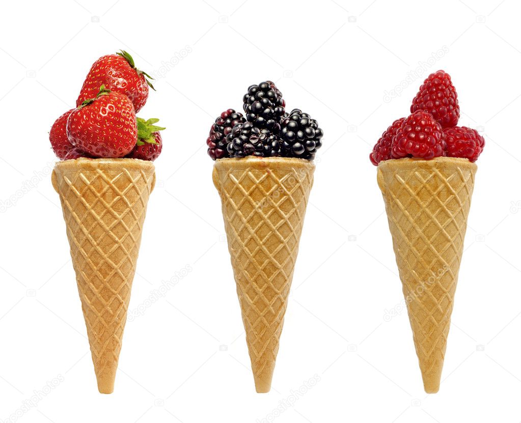 Ice cream waffle cone with berries fruits concept isolated