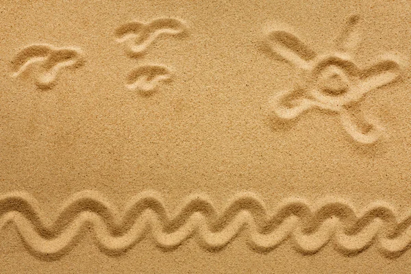ビーチ ホリデー バック グラウンド サイン コンセプトに砂の上の太陽 — ストック写真