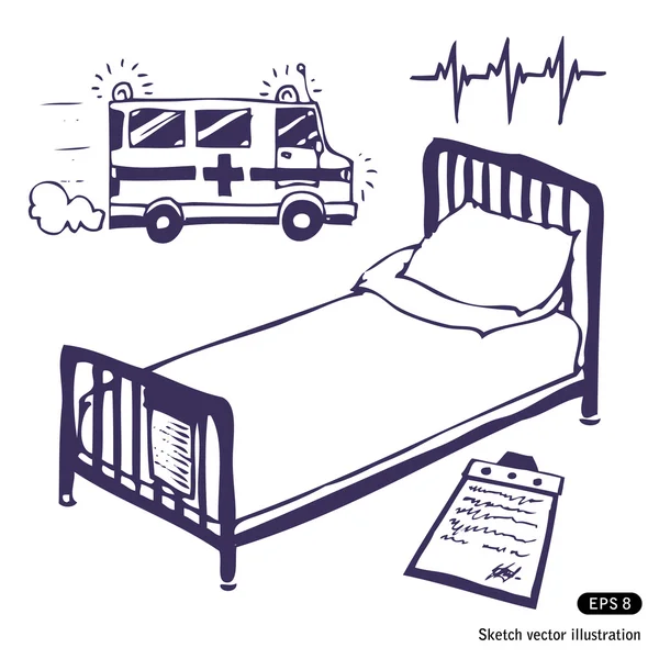 Κρεβάτι του στο νοσοκομείο και ασθενοφόρο — Διανυσματικό Αρχείο