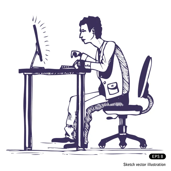 Άνθρωπος που εργάζεται σκληρά στον υπολογιστή — Διανυσματικό Αρχείο