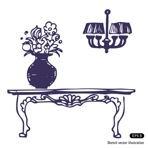 Mesa vintage, jarrón con flores y candelabro — Vector de stock