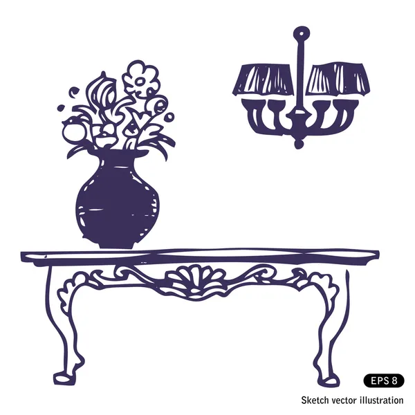 Vintage-Tisch, Vase mit Blumen und Kronleuchter Stockvektor