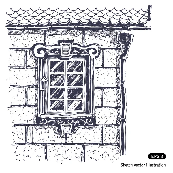 Bella finestra sul muro di mattoni vicino al bordo della casa — Vettoriale Stock
