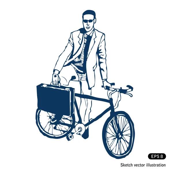Uomo d'affari con il suo caso e bici — Vettoriale Stock