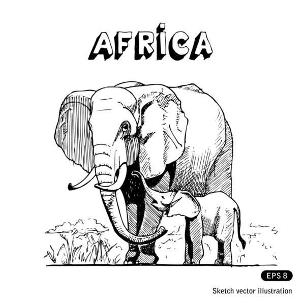 Elefantes en sabana africana — Vector de stock