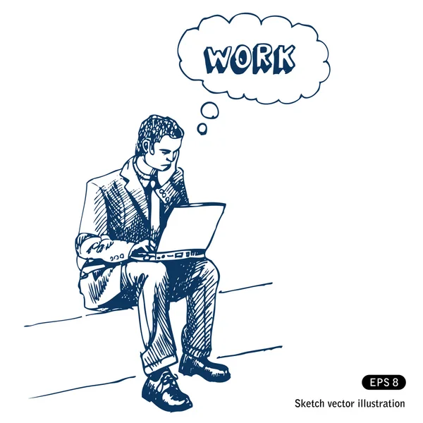 Άνδρας κάθεται στο βήμα με laptop — Διανυσματικό Αρχείο